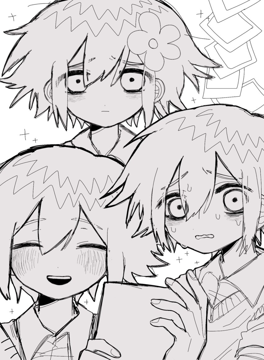 1boy basil_(faraway)_(omori) basil_(omori) blush book closed_eyes collared_shirt flower greyscale hair_flower hair_ornament highres holding holding_book kobanzame_omo male_focus monochrome omori open_mouth photo_(object) shirt short_hair smile solo sweat sweater_vest teeth upper_teeth_only