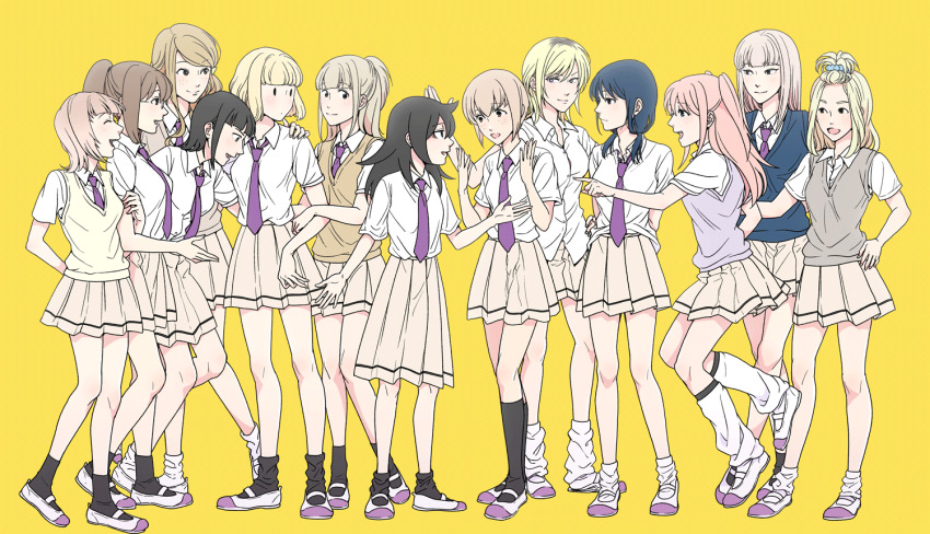 6+girls arm_behind_back bags_under_eyes black_hair blazer blonde_hair blouse blunt_bangs cardigan collared_shirt jacket katou_asuka kneehighs kuroki_tomoko locked_arms long_hair loose_socks mochiya_(mochiya029) mojyo multiple_girls necktie nemoto_hina okada_akane ootonari_nagi pleated_skirt pointing pointing_at_another ponytail school_uniform shirt simple_background skirt socks tamura_yuri tanaka_mako topknot two_side_up uchi_emiri watashi_ga_motenai_no_wa_dou_kangaetemo_omaera_ga_warui! white_shirt yellow_background yoshida_masaki