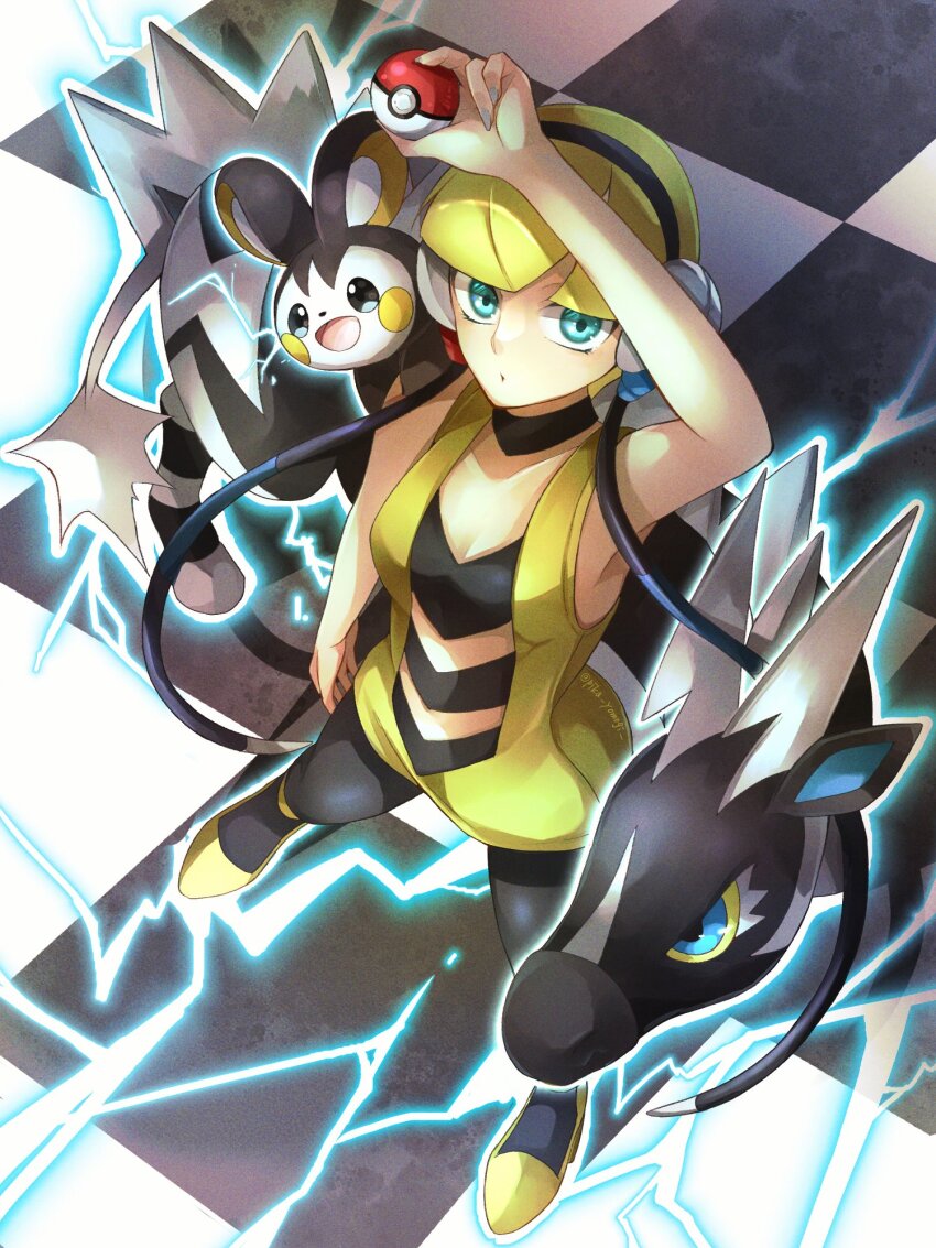 1girl arm_at_side arm_up artist_name bare_arms black_choker black_pantyhose blonde_hair blue_eyes blunt_bangs breasts choker cleavage collarbone dress electricity elesa_(pokemon) emolga flying_squirrel gen_5_pokemon headphones high_heels highres holding holding_poke_ball low_neckline medium_breasts midriff nintendo pantyhose poke_ball poke_ball_(basic) pokemon pokemon_(creature) pokemon_bw shoes short_dress short_hair sleeveless sleeveless_dress squirrel twitter_username yellow_dress yellow_shoes yomogi_(black-elf) zebra zebstrika
