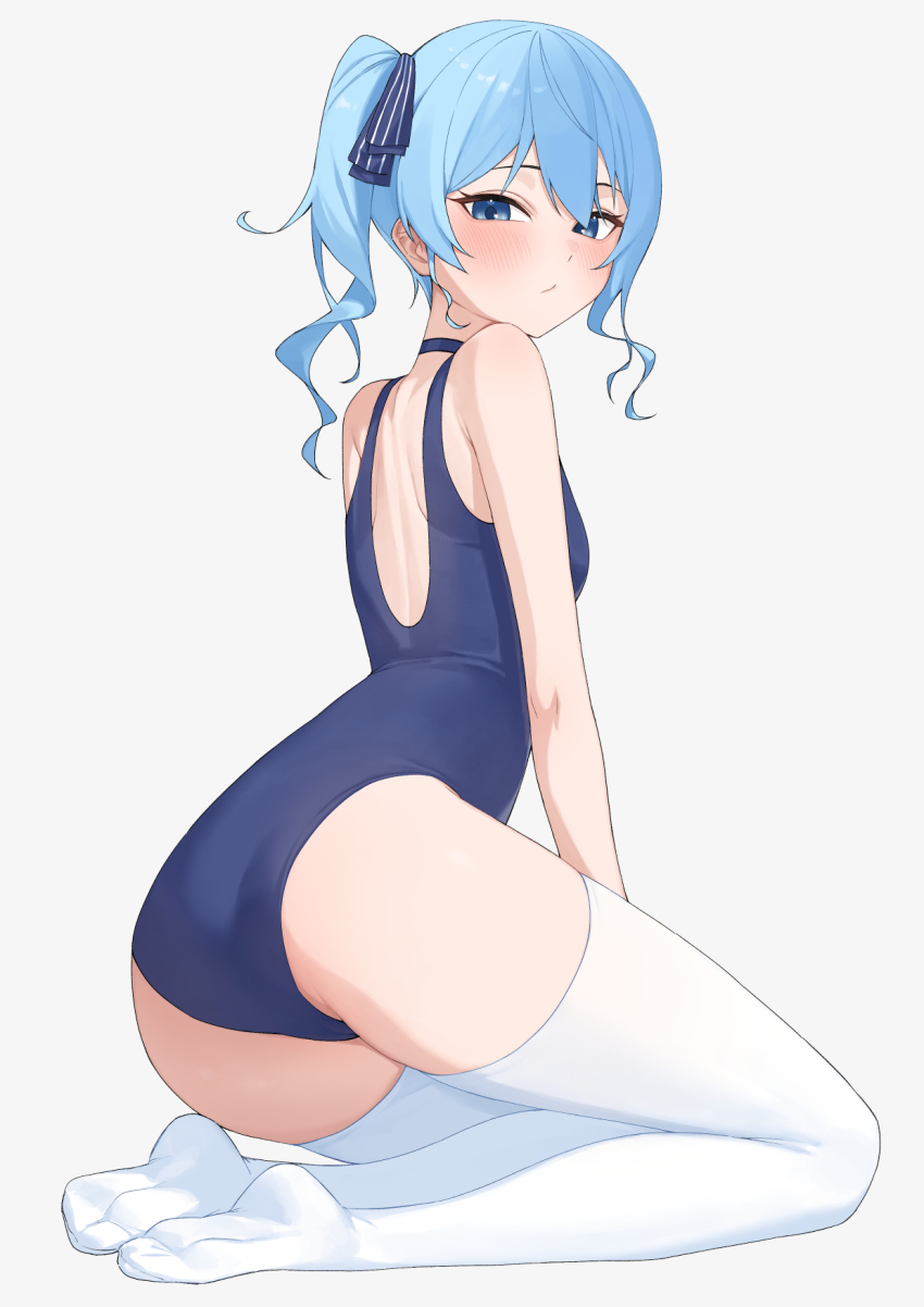 1girl :/ ass blue_eyes blue_hair blue_one-piece_swimsuit blue_ribbon blush breasts full_body grey_background hair_ribbon highres hololive hoshimachi_suisei kneeling looking_at_viewer no_shoes one-piece_swimsuit raeis ribbon side_ponytail small_breasts soles solo swimsuit thighhighs thighs virtual_youtuber white_thighhighs