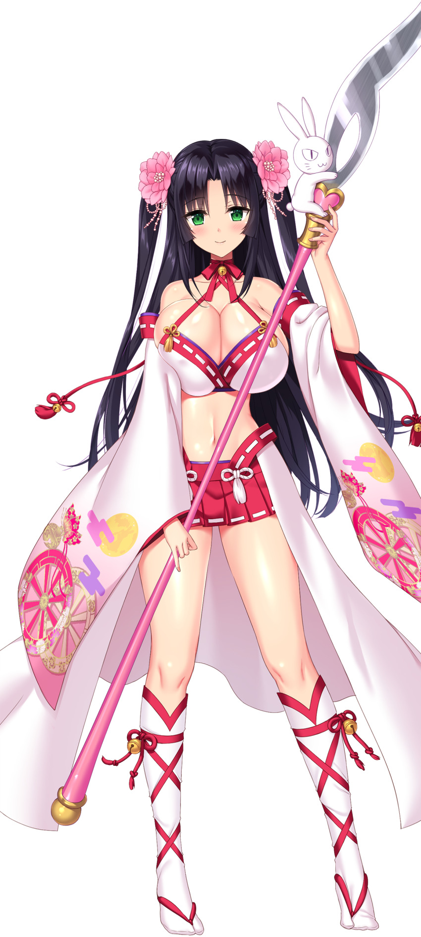 1girl absurdres ankle_socks bell black_hair blush breasts cleavage closed_mouth derauea flower full_body game_cg green_eyes hair_flower hair_ornament hair_tie hakama hakama_short_skirt hakama_skirt highres holding holding_polearm holding_weapon japanese_clothes kimono large_breasts long_hair looking_at_viewer milk_factory motto!_haramase!_honoo_no_oppai_isekai_ero_mahou_gakuen! naginata navel neck_bell non-web_source official_art parted_bangs pink_flower polearm rabbit skirt smile socks solo sprite tachi-e tasuki two_side_up uzuki_kaguya weapon white_kimono