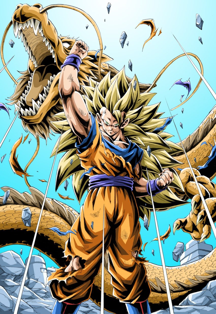 1boy animal_hands ankle_boots blonde_hair blue_background blue_footwear boots building clenched_hands closed_mouth dougi dragon dragon_ball dragon_fist dragonball_z emphasis_lines feet_out_of_frame floating_rock gradient_background green_eyes hand_up highres legs_apart long_hair looking_at_viewer male_focus no_eyebrows open_mouth pants pectorals rock serious sharp_teeth shirt simple_background son_goku spiked_hair standing super_saiyan super_saiyan_3 teeth torn_clothes torn_pants torn_shirt very_long_hair whiskers wristband young_jijii