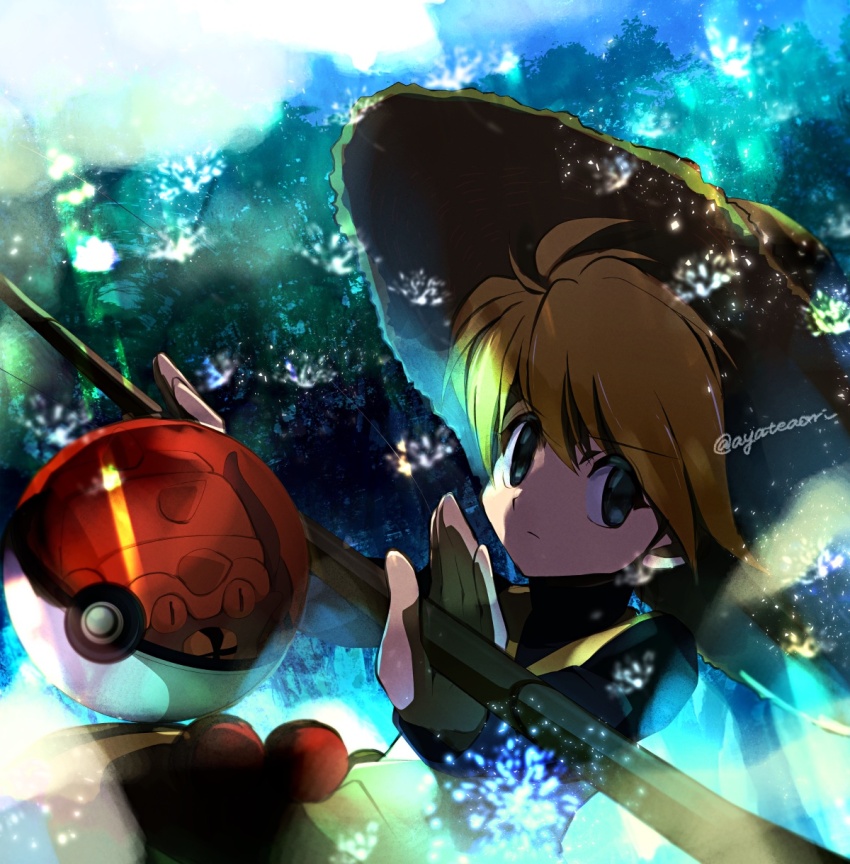 1girl ahoge ayateaori black_shirt blonde_hair commentary_request game_freak gen_1_pokemon hat highres holding light_particles long_sleeves nintendo omastar poke_ball poke_ball_(basic) pokemon pokemon_(creature) pokemon_adventures serious shirt short_hair straw_hat swept_bangs tree tunic turtleneck turtleneck_shirt twitter_username upper_body yellow_(pokemon) yellow_tunic