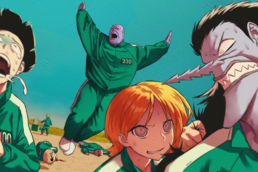1girl 6+boys arlong arms_up black_hair blood blue_sky brown_hair chainsaw_man character_request clenched_teeth crossover day denji_(chainsaw_man) eyepatch grabbing_another&#039;s_hair green_hair green_jacket green_pants grey_skirt haraya_manawari highres jacket kageyama_shigeo long_hair long_sleeves lying marvel marvel_cinematic_universe mob_psycho_100 multiple_boys multiple_crossover nami_(one_piece) on_side one_piece open_mouth orange_hair outdoors pants puffy_long_sleeves puffy_sleeves purple_skirt roronoa_zoro saliva sharp_teeth signature skirt sky squid_game standing teardrop teeth thanos track_jacket track_pants track_suit turn_pale v-shaped_eyebrows