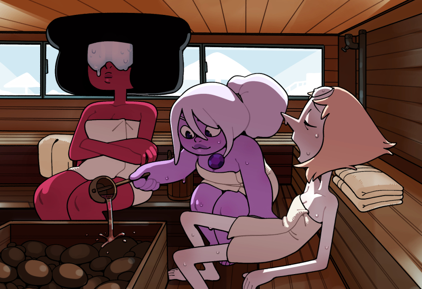 3girls amethyst_(steven_universe) black_hair breasts cleavage closed_eyes closed_mouth colored_skin crossed_arms discount-supervillain garnet_(steven_universe) gem goggles highres indoors long_nose multiple_girls naked_towel open_mouth pearl_(gemstone) pearl_(steven_universe) pink_hair ponytail purple_gemstone purple_hair purple_skin red_skin sauna sitting steven_universe sweat towel water wet white_skin