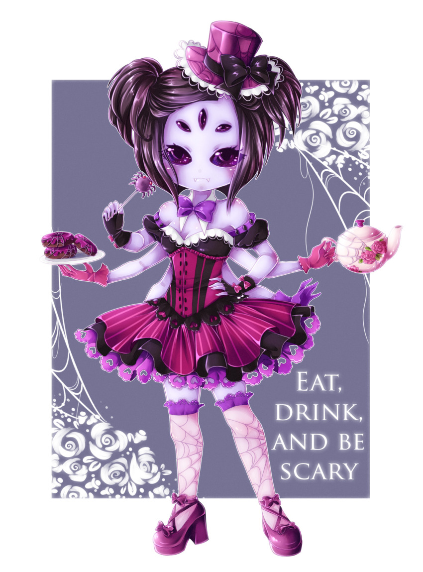 1girl :3 \||/ arthropod_girl asymmetrical_gloves bare_arms bare_shoulders black_bow black_dress black_gloves black_hair black_sclera block_heels bow bowtie breasts buttons candy candydantel cleavage closed_mouth clothing_cutout colored_sclera colored_skin commentary detached_collar donut dress english_commentary english_text extra_arms extra_eyes fangs fingerless_gloves floral_background flower food footwear_bow frilled_dress frilled_gloves frilled_hat frilled_thighhighs frills full_body glove_bow gloves grey_background hand_on_own_hip hat hat_bow heart_cutout high_heels highres holding holding_candy holding_food holding_lollipop holding_plate holding_teapot insect_girl leaf lollipop looking_at_viewer making-of_available mini_hat mini_top_hat mismatched_gloves muffet off-shoulder_dress off_shoulder outline over-kneehighs petite petticoat pink_bow pink_dress pink_flower pink_gloves pink_hat pink_rose pink_shoes pink_thighhighs plate puffy_short_sleeves puffy_sleeves purple_bow purple_bowtie purple_eyes purple_gloves purple_skin rose shoes short_hair short_sleeves silk simple_background small_breasts solo spider_girl spider_web spider_web_print standing striped_clothes striped_dress teapot thighhighs top_hat traditional_bowtie two-tone_dress two_side_up undertale utdr_(toby_fox) vertical-striped_clothes vertical-striped_dress white_flower white_outline white_rose zettai_ryouiki