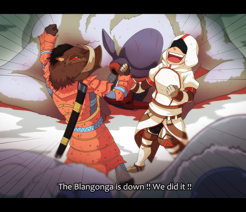 2boys animal armor ashmish blango blangonga blood bullfango capcom khezu_(armor) letterboxed monster_hunter_(series) monster_hunter_3_g monster_hunter_portable_2nd monster_hunter_portable_2nd_g monster_hunter_portable_3rd multiple_boys open_mouth yian_kut-ku_(armor)
