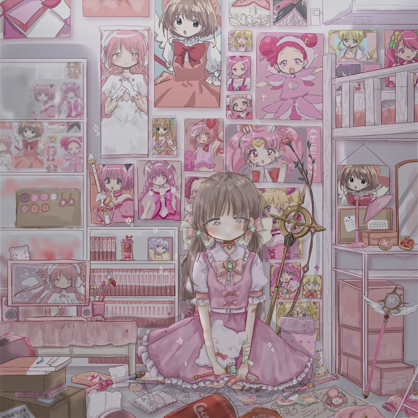6+girls akazukin_chacha bandaged_arm bandages bedroom bishoujo_senshi_sailor_moon bishoujo_senshi_sailor_moon_s blush book bookshelf bow bowtie box braid brooch brown_hair burr_grinder can cardcaptor_sakura cd_case chacha character_name character_request charm_(object) chibi_usa coca-cola collar commentary_request computer computer_mouse copyright_request cure_blossom cure_dream cure_happy cure_peach double_bun dress drink_can dvd_case fresh_precure! hair_bun hair_ribbon hanasaki_tsubomi harukaze_doremi heart heart_brooch heartcatch_precure! highres hoshizora_miyuki indoors jewelry kaname_madoka keyboard kinomoto_sakura kinomoto_sakura_(magician) lamp long_hair looking_down magical_girl mahou_shoujo_madoka_magica mahou_shoujo_madoka_magica_(anime) manga_(object) mew_ichigo mirror momomiya_ichigo momozono_love monitor multiple_girls notebook ojamajo_doremi original pencil_case pendant photo_(object) pink_bow pink_dress pink_eyes pink_hair pink_theme poster_(object) precure purple_hair red_collar ribbon sad sailor_chibi_moon sailor_moon shinanashina sitting smile_precure! soda_can solo stuffed_animal stuffed_toy tagme tokyo_mew_mew toy_gun trash_can tsukino_usagi tsurime twin_braids ultimate_madoka very_long_hair wand wariza yes!_precure_5 yumehara_nozomi