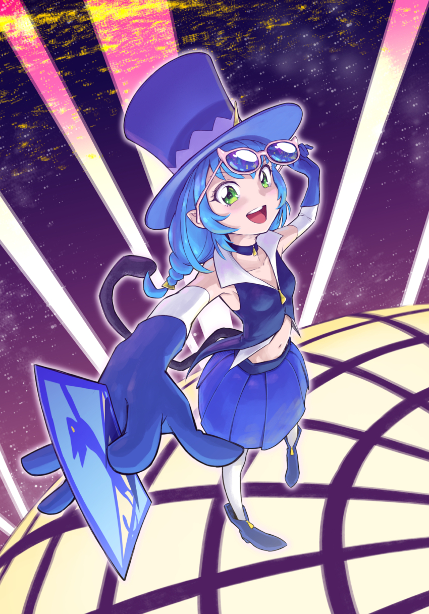 1girl adjusting_eyewear ankle_boots blouse blue_boots blue_cat_(precure) blue_choker blue_gloves blue_hair blue_hat blue_shirt blue_skirt boots braid braided_ponytail card cat_tail choker foreshortening full_body gloves green_eyes hat highres holding holding_card itou_shin&#039;ichi long_hair looking_at_viewer miniskirt navel open_mouth pantyhose pleated_skirt pointy_ears precure purple-framed_eyewear shirt single_braid skirt sleeveless sleeveless_shirt smile solo standing star_twinkle_precure sunglasses tail top_hat white_pantyhose wind yuni_(precure)