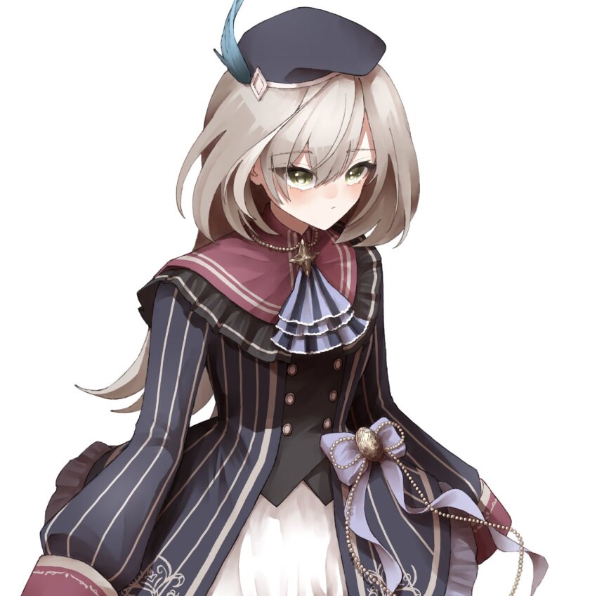 1girl amahara_nue arms_at_sides ascot assault_lily beret black_hat black_jacket black_vest blue_ascot blue_bow blue_feathers blush bow buttons closed_mouth commentary cowboy_shot feathers frilled_skirt frills grey_hair hair_between_eyes hat hat_feather highres jacket long_hair long_sleeves looking_away multicolored_hair official_alternate_costume open_clothes open_jacket sasaki_ran shirt simple_background skirt sleeves_past_fingers sleeves_past_wrists solo standing streaked_hair striped_ascot striped_clothes striped_jacket vertical-striped_clothes vertical-striped_jacket vest white_background white_shirt yellow_eyes