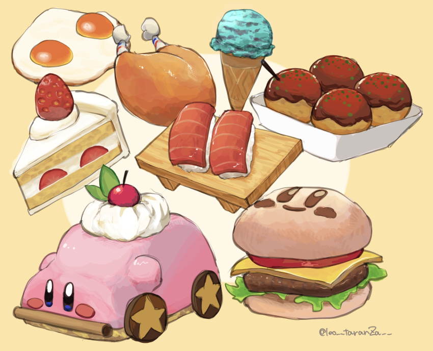 artist_name burger cake cake_slice car-mouth_cake car_mouth character-themed_food cheese cherry commentary_request egg_(food) fish_(food) food food_focus fried_egg fruit highres ice_cream ice_cream_cone icing kirby kirby_(series) kirby_and_the_forgotten_land kirby_burger kirby_cafe leo_taranza lettuce mouthful_mode nigirizushi nintendo no_humans simple_background star_(symbol) strawberry strawberry_shortcake sushi sushi_geta takoyaki tomato tomato_slice turkey_(food) twitter_username two-tone_background whipped_cream white_background yellow_background