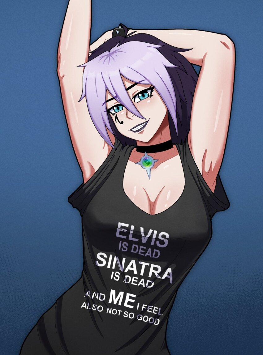 1girl aqua_eyes arm_behind_head armpits arms_up black_choker black_hair black_shirt blue_background choker clothes_writing commentary english_commentary english_text facial_tattoo grin hair_between_eyes head_tilt highres lipstick ludinsketches makeup original purple_hair purple_lips shirt short_hair smile solo t-shirt tattoo upper_body