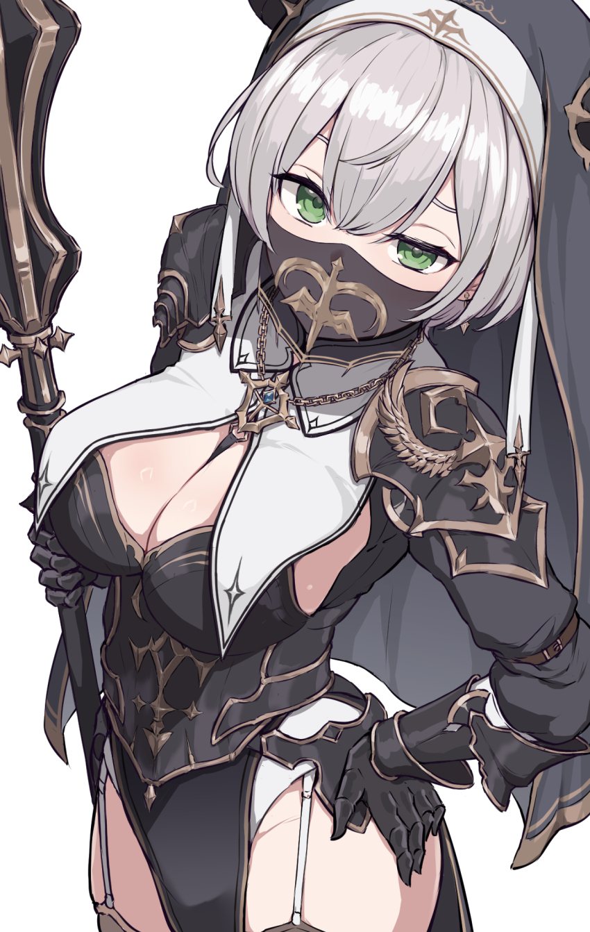 1girl arm_belt armor belt black_dress blush breast_curtains breastplate breasts brown_belt cleavage coif commentary_request cowboy_shot cross cross_necklace double-parted_bangs dress earrings eternaltanbo garter_straps gauntlets green_eyes grey_hair hair_between_eyes hand_on_own_hip highres holding holding_mace holding_weapon hololive jewelry large_breasts long_sleeves looking_at_viewer mace mouth_veil necklace nun official_alternate_costume pelvic_curtain shirogane_noel shirogane_noel_(battle_nun) short_hair shoulder_armor simple_background solo standing veil virtual_youtuber weapon white_background