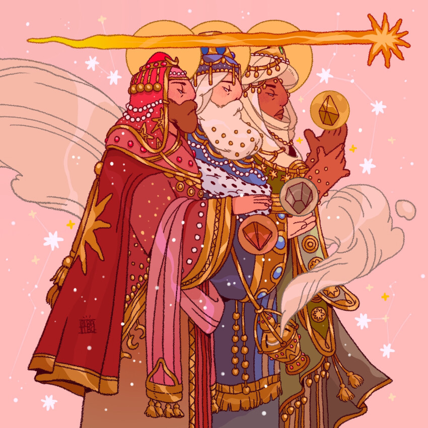 3boys albabg beard brown_hair christianity constellation facial_hair foot_out_of_frame from_side gold_trim hair_ornament hat highres holding incense incense_burner jewelry long_sleeves male_focus multiple_boys original pink_background robe scarf shooting_star simple_background sky smoke standing star_(symbol) white_hair wide_sleeves