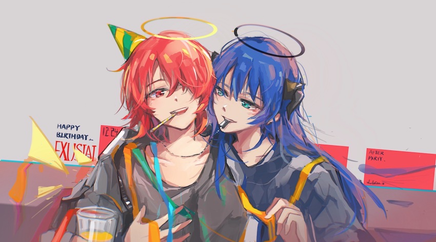 2girls aqua_eyes arknights black_halo black_horns black_shirt blue_hair blue_ribbon character_name chinese_commentary collarbone commentary_request exusiai_(arknights) green_ribbon grey_background hair_between_eyes hair_over_one_eye halo happy_birthday hat heads_together highres horns lalvice long_hair looking_at_another mostima_(arknights) mouth_hold multiple_girls one_eye_covered open_mouth party_hat red_eyes red_hair ribbon shirt short_hair smile t-shirt traditional_halo upper_body yellow_halo yellow_ribbon yuri