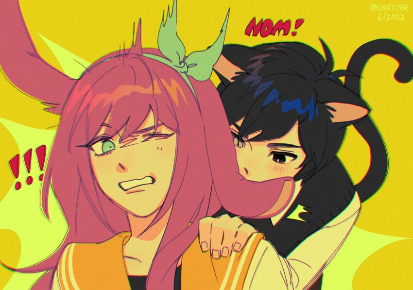 1boy 1girl alternate_sleeve_length animal_ears antenna_hair artist_name aubrey_(faraway)_(omori) aubrey_(omori) biting biting_ear black_eyes black_hair black_sweater_vest blue_eyes blue_hairband bright_pupils cat_boy cat_ears cat_tail collared_shirt grey_eyes hairband heterochromia highres jacket kemonomimi_mode long_hair long_sleeves looking_at_another lunectar omori one_eye_closed parted_lips pink_hair rabbit_ears rabbit_girl shirt short_hair spoilers sunny_(omori) sweater_vest tail twitter_username white_jacket white_pupils white_shirt yellow_background