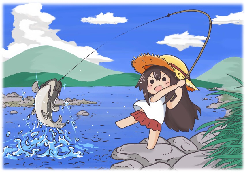 absurdres aged_down akagi_(kancolle) alternate_costume barefoot blue_sky cloud fish fishing fish_hook fishing_line fishing_rod hat highres holding holding_fishing_rod kantai_collection megahiyo red_skirt river rock skirt sky splashing straw_hat tank_top water