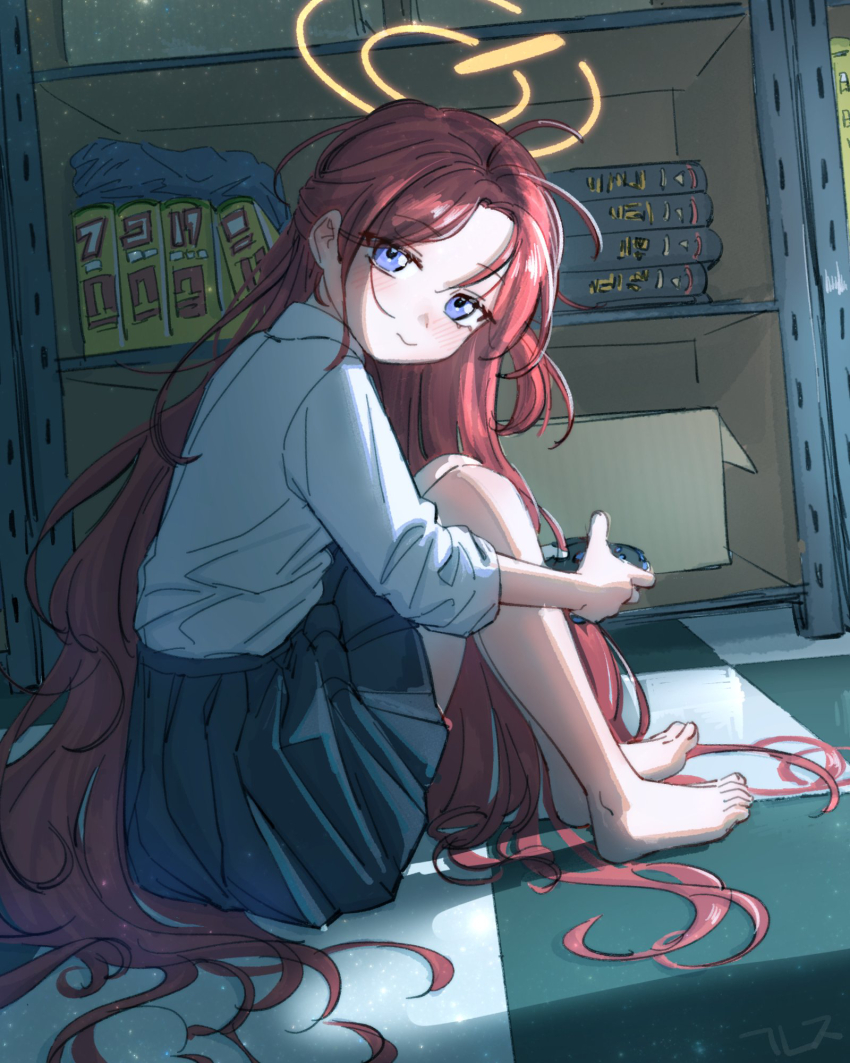 1girl antenna_hair bare_legs barefoot black_skirt blue_archive blush checkered_floor controller game_controller halo highres hobgoblin-kim holding holding_controller holding_game_controller indoors long_hair looking_at_viewer looking_to_the_side orange_hair pleated_skirt school_uniform shirt shirt_tucked_in skirt smile solo toes very_long_hair white_shirt yuzu_(blue_archive)