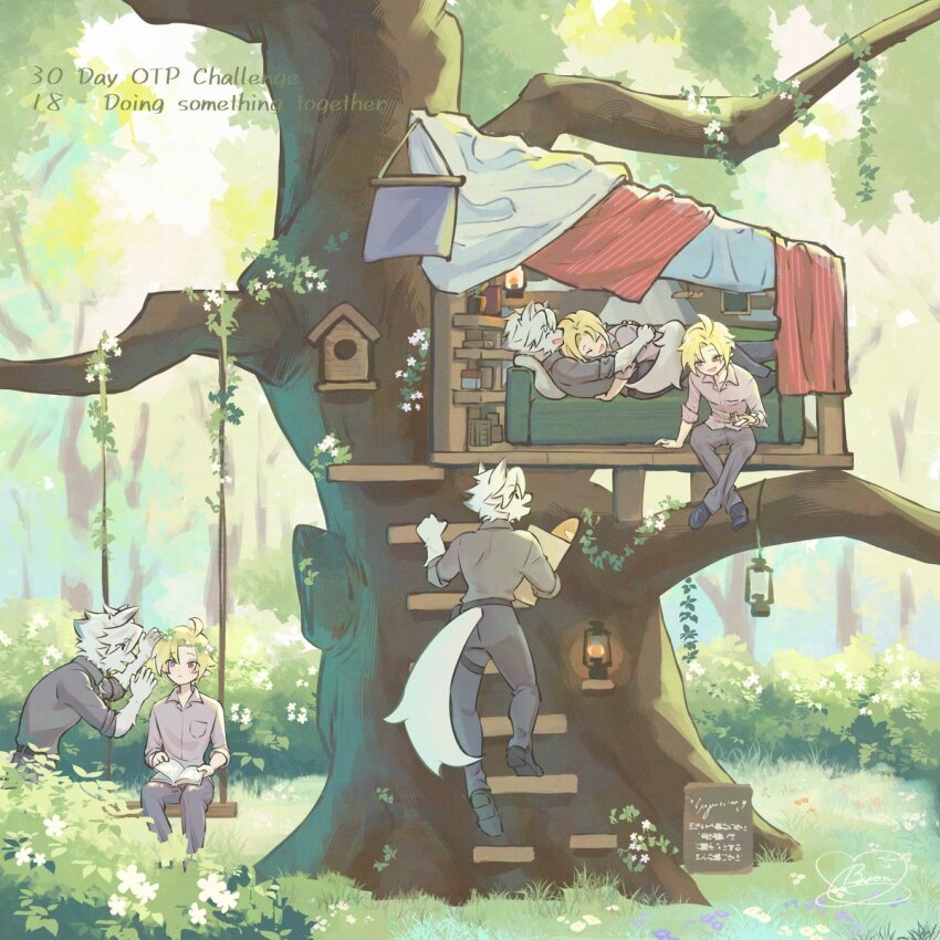 2boys aged_down animal_ear_fluff animal_ears birdhouse black_shoes blanket blonde_hair body_fur branch bread buon_zzz bush climbing colored_tips couch english_text flower food food_on_face furry furry_male furry_with_non-furry grass grey_eyes grey_pants grey_shirt hair_flower hair_ornament heterochromia highres hugo_vlad implied_yaoi interspecies lantern looking_at_another lying lying_on_person multicolored_hair multiple_boys on_back on_couch outdoors pants pointy_ears purple_flower red_eyes shirt shoes sign sitting sleeves_rolled_up stairs swing tail tree treehouse von_lycaon white_flower white_fur wolf_boy wolf_ears wolf_tail zenless_zone_zero