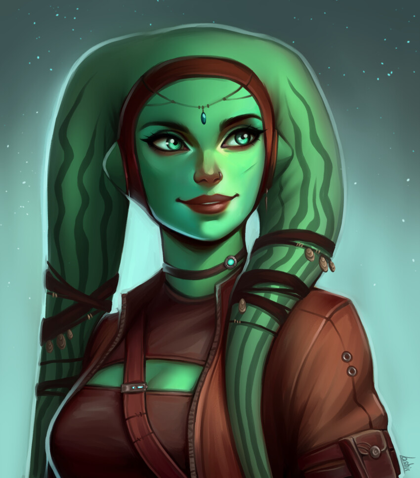 1girl alien brown_jacket colored_skin green_eyes green_skin highres jacket lashir lekku_(anatomy) looking_to_the_side open_clothes open_jacket portrait solo star_wars twi&#039;lek