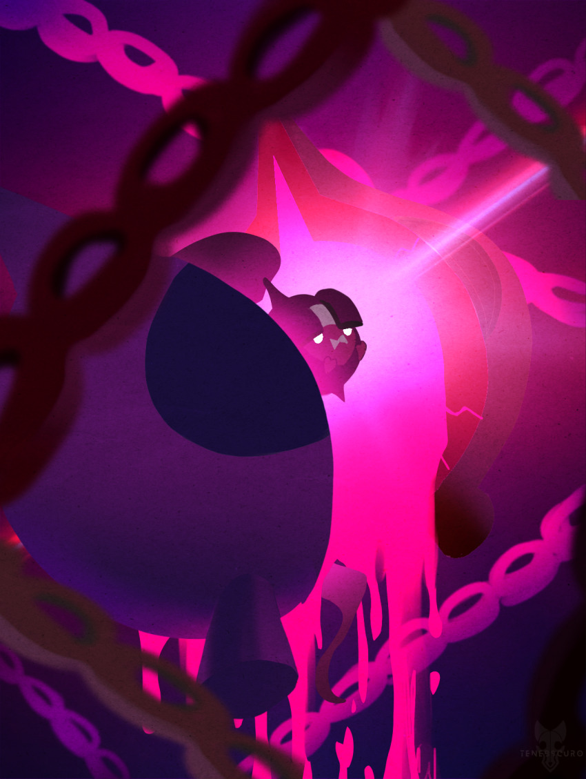 artist_name chain commentary_request dripping glowing highres nintendo no_humans open_mouth pecharunt poison pokemon pokemon_(creature) pokemon_focus purple_background purple_theme solo tenebscuro