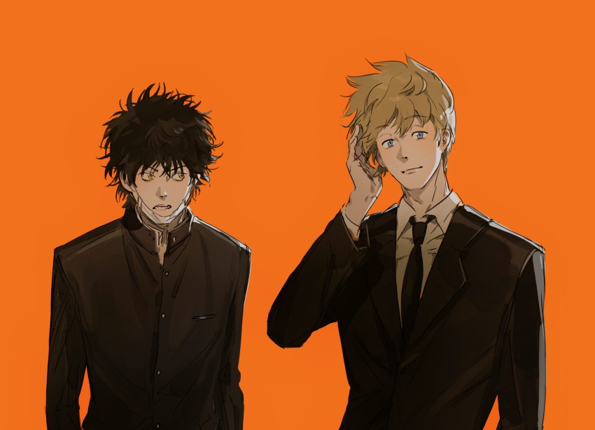 2boys black_hair black_jacket black_necktie black_sleeves black_suit blonde_hair blue_eyes buttons chinese_commentary closed_mouth collared_jacket collared_shirt commentary_request formal_clothes frown furrowed_brow gakuran hand_in_own_hair high_collar highres illumi999 inukai_sumiharu jacket kageura_masato lapels layered_sleeves lips long_sleeves looking_at_another looking_at_viewer male_focus mask messy_hair mouth_mask multiple_boys necktie notched_lapels open_mouth orange_background pocket school_uniform shirt short_hair simple_background smile suit teeth upper_body white_mask white_shirt world_trigger yellow_eyes