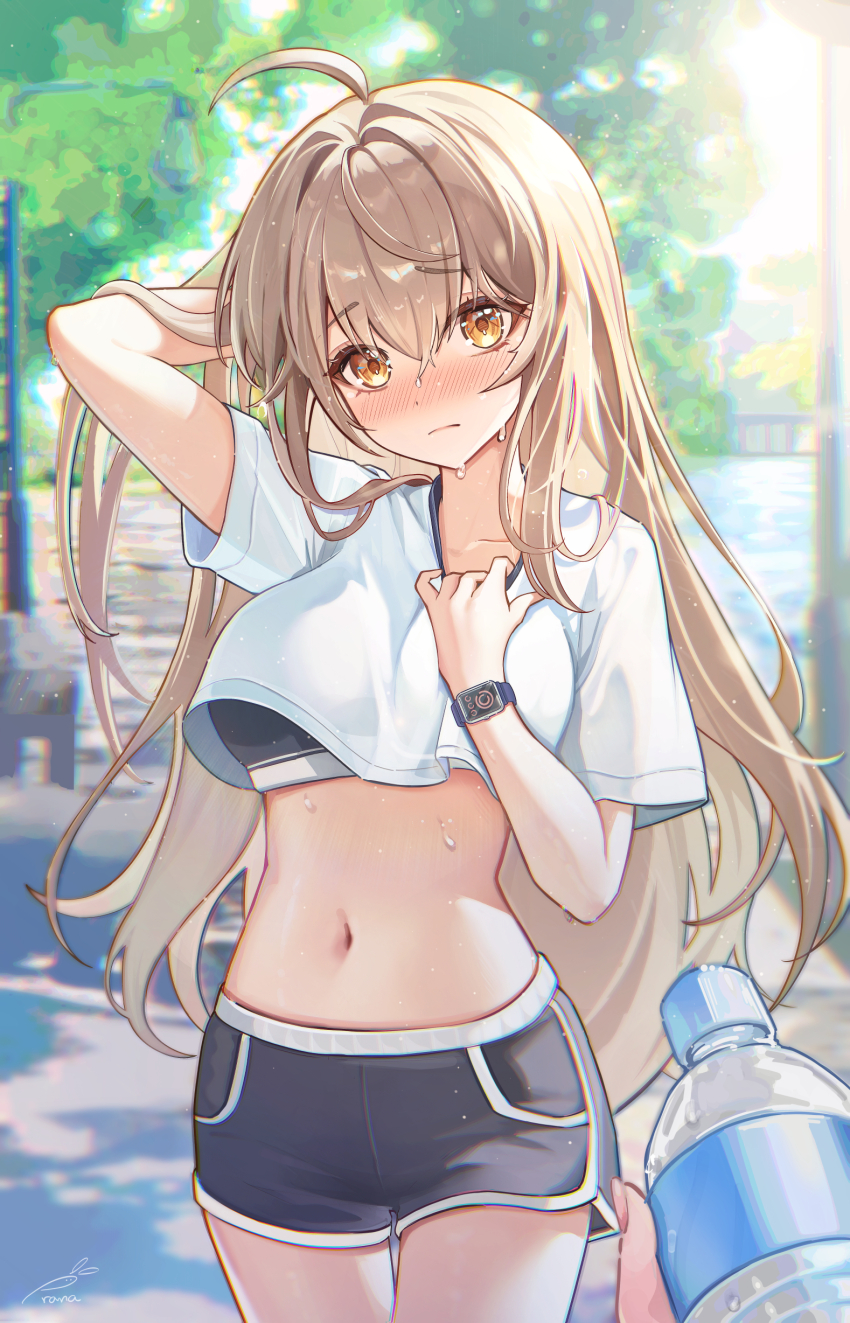 1girl 1other absurdres ahoge arm_behind_head black_shorts blush bottle breasts brown_hair check_copyright closed_mouth collarbone commentary_request copyright_request crop_top day dolphin_shorts fingernails hair_between_eyes hand_up highres large_breasts long_hair looking_at_viewer navel original out_of_frame outdoors prana_(prana12) shorts signature solo stomach sweat very_long_hair water_bottle yellow_eyes