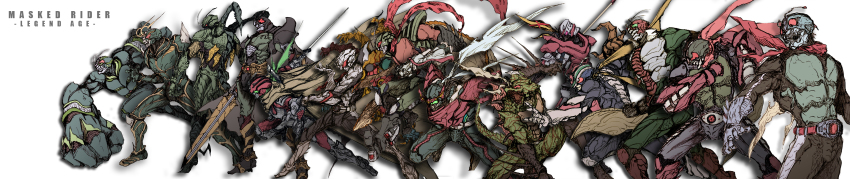 6+boys absurdres antennae arm_blade arm_up armlet armor belt bodysuit boots claws clenched_hands commentary compound_eyes energy_sword everyone fangs gloves graphite_(medium) green_eyes helmet highres holding holding_sword holding_weapon horns jewelry kamen_rider kamen_rider_(1st_series) kamen_rider_1 kamen_rider_2 kamen_rider_amazon kamen_rider_amazon_(series) kamen_rider_black kamen_rider_black_(series) kamen_rider_black_rx kamen_rider_black_rx_(series) kamen_rider_j kamen_rider_shin kamen_rider_stronger kamen_rider_stronger_(series) kamen_rider_super-1 kamen_rider_super-1_(series) kamen_rider_v3 kamen_rider_v3_(series) kamen_rider_x kamen_rider_x_(series) kamen_rider_zo kamen_rider_zx long_image male_focus mask mechanical_pencil monster multiple_boys new_kamen_rider open_mouth pencil pointing red_eyes red_scarf revolcane rider_belt riderman rod scarf shin_kamen_rider_prologue single_horn skyrider staff sword tail traditional_media translation_request weapon wide_image zakkizaki