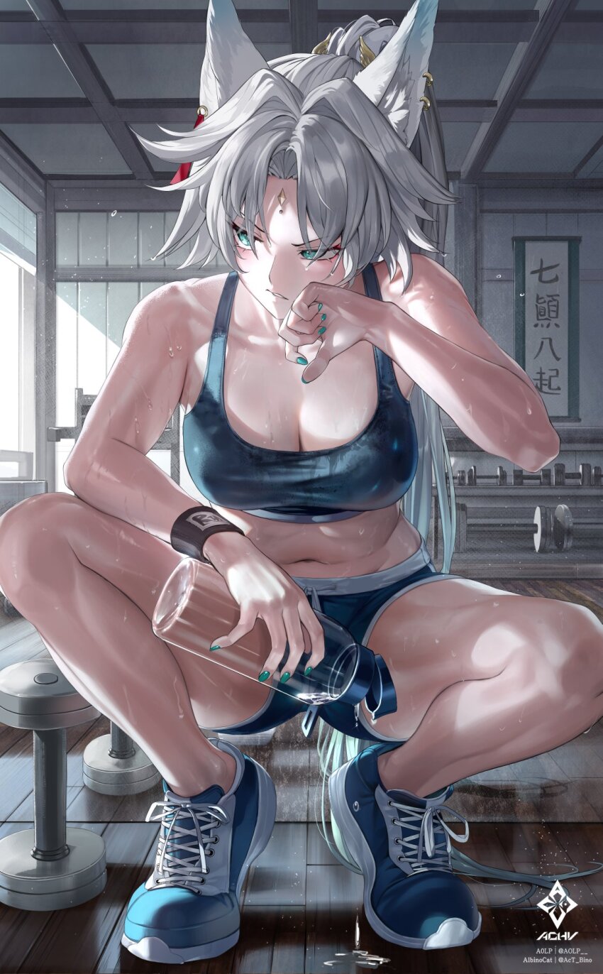 1girl a0lp animal_ear_piercing animal_ears artist_logo bare_shoulders blue_shoes blue_sports_bra bottle breasts cleavage_cutout clothing_cutout commentary feixiao_(fitness)_(honkai:_star_rail) feixiao_(honkai:_star_rail) forehead_jewel fox_ears fox_girl gradient_hair green_eyes green_hair green_nails hashtag-only_commentary highres holding holding_bottle honkai:_star_rail honkai_(series) indoors large_breasts logo long_hair looking_to_the_side multicolored_hair nail_polish navel official_alternate_costume parted_bangs parted_lips ponytail shoes sneakers solo sports_bra squatting stomach sweat thighs very_long_hair water_bottle white_hair wiping_face wristband