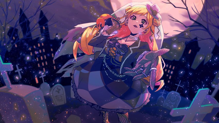 1girl alternate_costume bare_shoulders black_boots black_bow black_jacket black_pantyhose blonde_hair boots bow breasts colored_inner_hair commentary double_bun eyeshadow fangs fishnet_gloves fishnet_pantyhose fishnets gloves hair_bun hat highres jacket jagijang jewelry long_hair looking_at_viewer makeup medium_breasts mini_hat mini_top_hat mole mole_under_eye moon multicolored_hair multiple_rings night night_sky nijisanji nijisanji_kr open_mouth pantyhose pink_eyeshadow pink_hair purple_hat ring seffyna sky solo symbol-only_commentary tombstone top_hat veil virtual_youtuber
