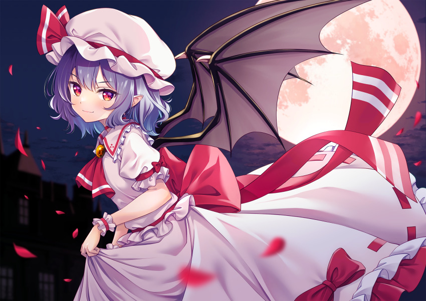 1girl ascot bat_wings black_wings closed_mouth collared_shirt frilled_shirt_collar frilled_sleeves frills full_moon hat hat_ribbon highres looking_at_viewer mob_cap moon murasaki_atsushi petals pink_hat pink_shirt pink_skirt pointy_ears puffy_short_sleeves puffy_sleeves purple_hair red_ascot red_eyes red_ribbon remilia_scarlet ribbon shirt short_hair short_sleeves skirt smile solo touhou wings wrist_cuffs