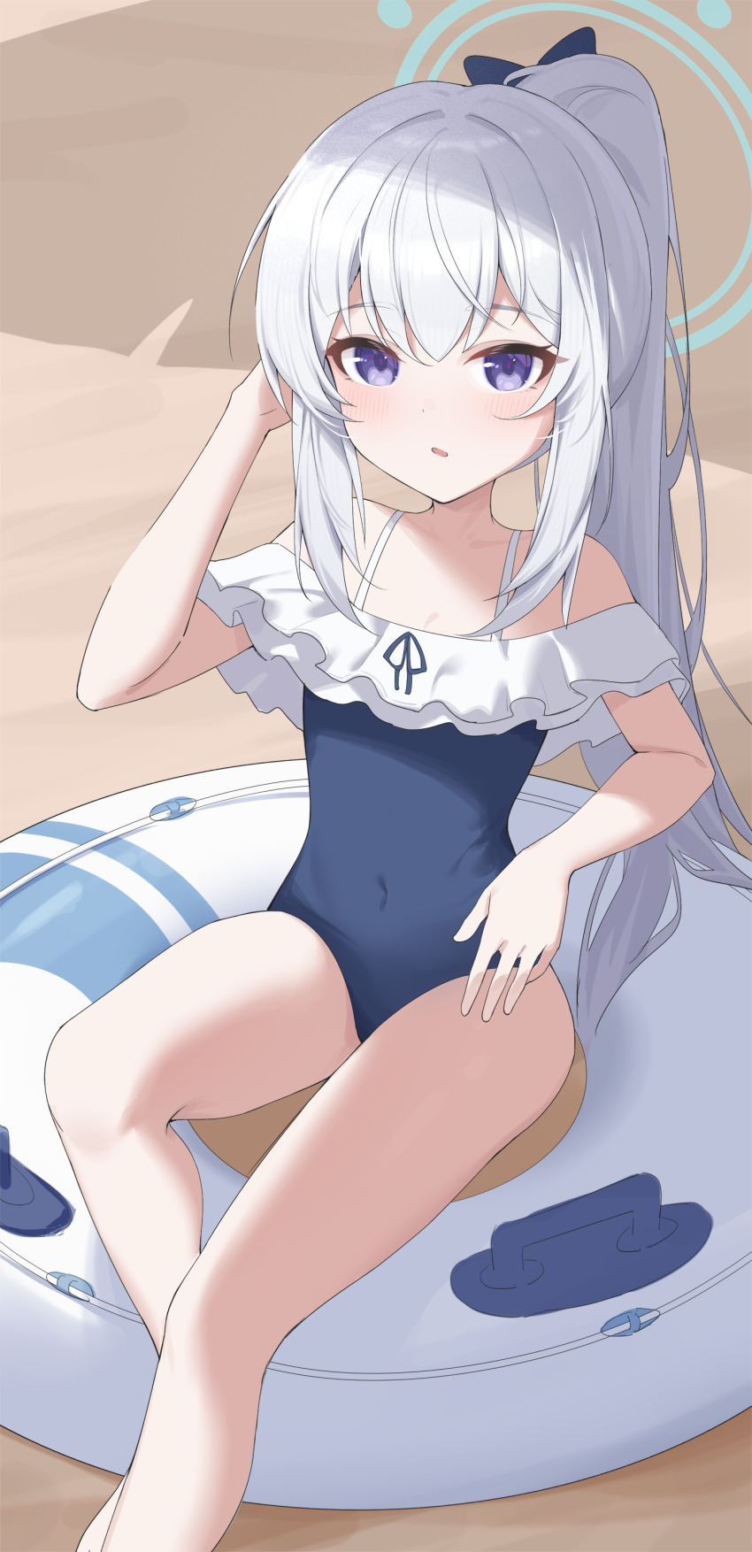 1girl absurdres bare_shoulders blue_archive blue_eyes blue_halo blue_one-piece_swimsuit commentary covered_navel frilled_one-piece_swimsuit frills hair_ribbon halo highres innertube jei_(user_tckk7448) looking_at_viewer miyako_(blue_archive) miyako_(swimsuit)_(blue_archive) official_alternate_costume on_innertube one-piece_swimsuit parted_lips ponytail ribbon solo swim_ring swimsuit thighs white_hair