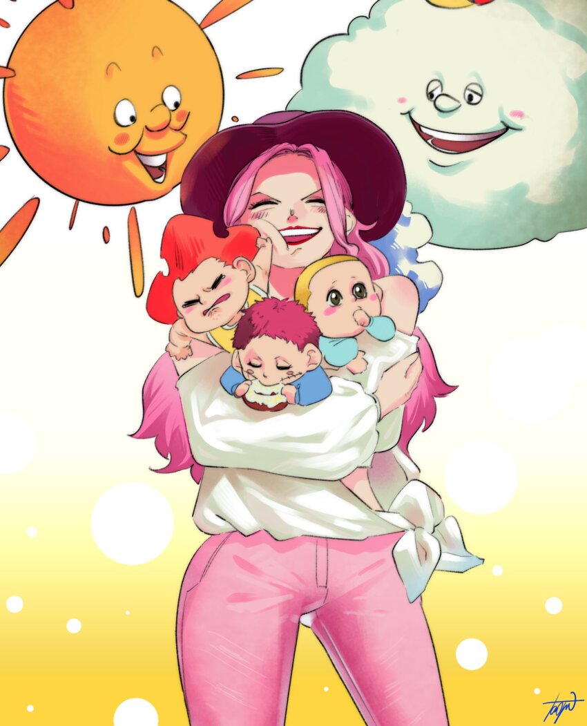 1girl 3boys aged_down baby bare_shoulders blonde_hair blouse blush blush_stickers brothers carrying charlotte_daifuku charlotte_katakuri charlotte_linlin charlotte_oven cheek_press closed_eyes cloud donut eating food hand_on_another&#039;s_cheek hand_on_another&#039;s_face hat highres hug lipstick long_hair long_sleeves looking_at_another makeup mature_female mother_and_son multiple_boys off_shoulder one_piece open_mouth pants pink_hair pink_pants prometheus_(one_piece) red_hair shirt short_hair siblings signature smile struggling sun taoru_(taoru0239) tearing_up v-shaped_eyebrows very_short_hair zeus_(one_piece)