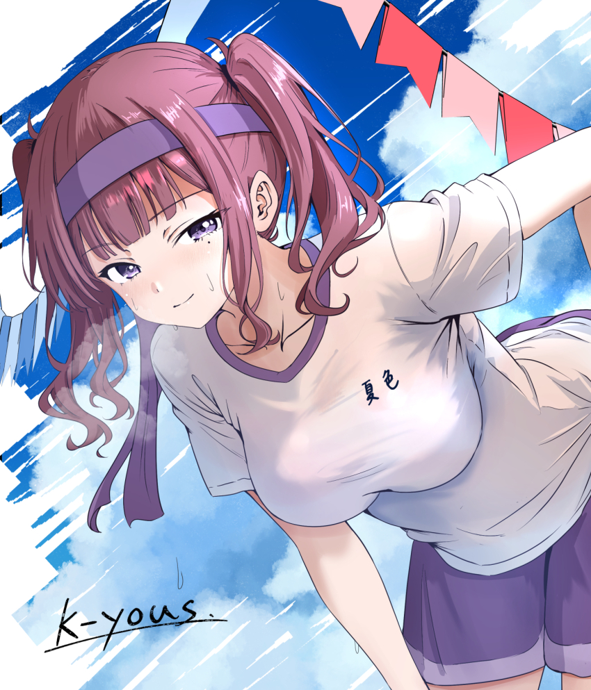 1girl artist_name bent_over blue_shorts blue_sky blunt_bangs blush breasts breath brown_hair closed_mouth cloud cloudy_sky collarbone commentary_request cowboy_shot day exhausted flag gym_shirt gym_shorts gym_uniform hairband hand_on_own_hip hand_on_own_knee hand_on_own_thigh headband heavy_breathing highres k-yous large_breasts leaning_forward long_hair looking_at_viewer medium_breasts mole mole_under_eye natsuki_karin outdoors pennant purple_eyes purple_hairband purple_shorts red_hair see-through_clothes shirt short_shorts short_sleeves short_twintails shorts sidelocks signature sky smile solo standing string_of_flags sweat synthesizer_v twintails underwear wet wet_clothes wet_shirt white_shirt