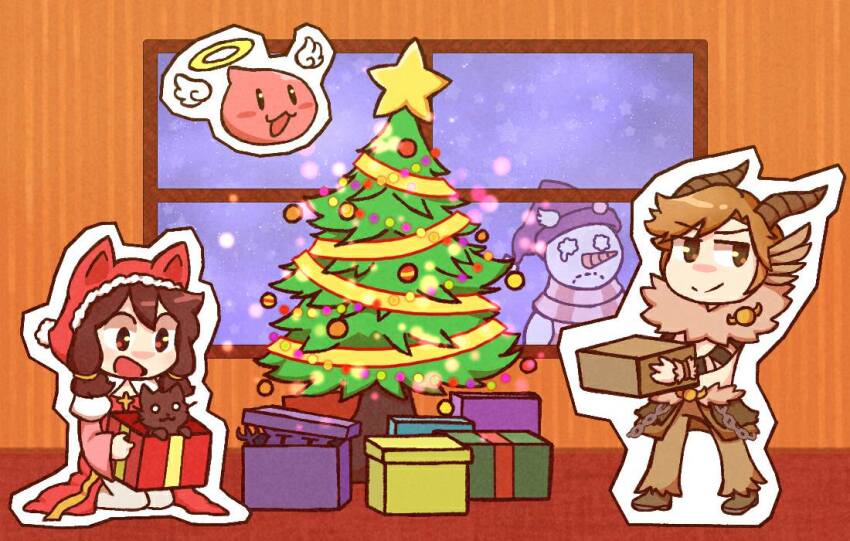 1boy 1girl angel_wings angeling arch_bishop_(ragnarok_online) black_cat blckbrd17 box brown_eyes brown_hair brown_horns brown_pants cat chain chibi chibi_only christmas christmas_tree closed_mouth commentary cross detached_wings deviruchi dress english_commentary full_body fur-trimmed_hood fur_collar fur_trim halo holding holding_box hood hood_up horns indoors juliet_sleeves long_sleeves looking_at_viewer open_mouth pants puffy_sleeves ragnarok_online red_dress red_hood shadow_chaser_(ragnarok_online) short_hair sitting slime_(creature) smile snowing snowman snowysnow_(ragnarok_online) standing star_(symbol) traditional_halo window wings