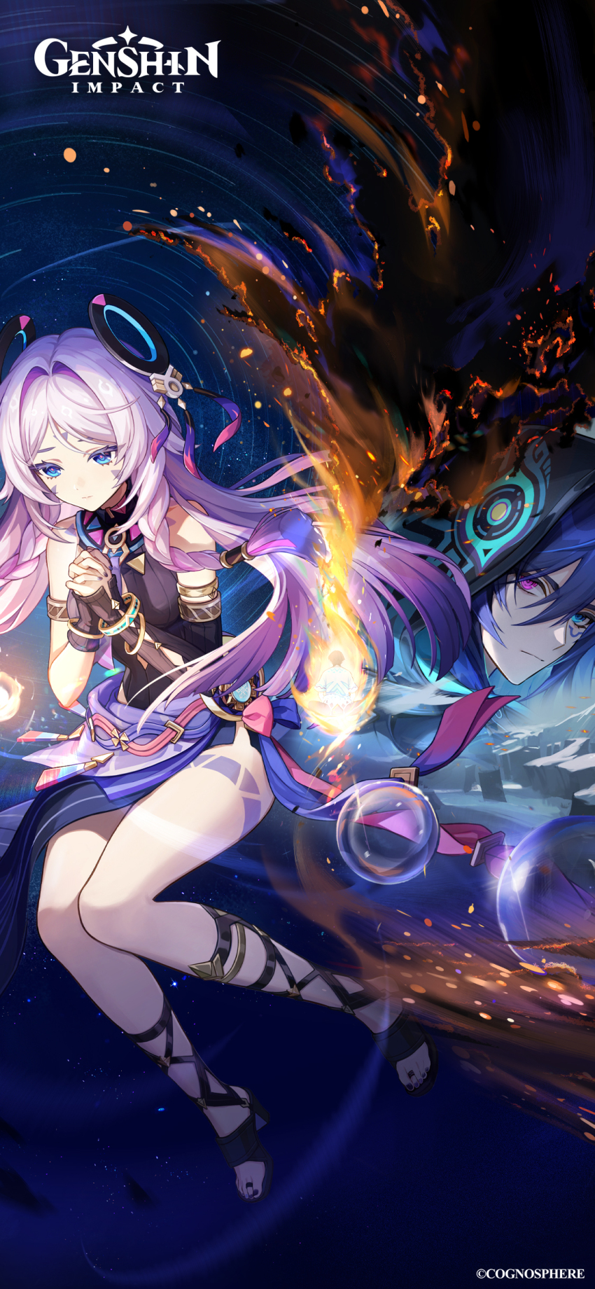 1girl 2boys absurdres armlet asymmetrical_gloves bare_shoulders blue_eyes blue_hair bracelet braid citlali_(genshin_impact) colored_eyelashes facial_mark fingerless_gloves genshin_impact gloves grandmother_and_grandson hair_intakes heterochromia high_heel_sandals highres hood interlocked_fingers jewelry long_hair mismatched_gloves multiple_boys official_art ororon_(genshin_impact) own_hands_together pink_hair purple_eyes sandals skirt thighs toeless_footwear twin_braids very_long_hair