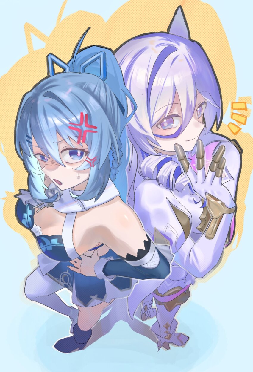 2girls absurdres anger_vein blue_dress blue_eyes blue_hair breasts closed_mouth commentary dress drop_shadow duoyun_de_tiankong from_above full_body hair_between_eyes hand_on_own_hip high_ponytail highres honkai_(series) honkai_impact_3rd light_blue_hair long_hair long_sleeves looking_at_viewer misteln_schariac multicolored_hair multiple_girls notice_lines open_mouth ponytail purple_eyes purple_hair raised_eyebrow shigure_kira sidelocks simple_background smile streaked_hair