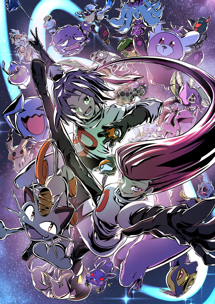 &gt;_&lt; absurdres amoonguss angry arbok bewear black_gloves black_pantyhose black_shoes blue_eyes blue_flower blue_hair blue_rose boots cacnea carnivine chimecho closed_eyes dustox earrings eating flower frillish frillish_(female) galaxy gen_1_pokemon gen_2_pokemon gen_3_pokemon gen_4_pokemon gen_5_pokemon gen_6_pokemon gen_7_pokemon gen_8_pokemon gloves gourgeist green_eyes growlithe hair_slicked_back high_heel_boots high_heels highres holding holding_poke_ball inkay james_(pokemon) jessie_(pokemon) jewelry kakashino_kakato knee_boots lickitung long_hair looking_at_viewer mareanie meowth mime_jr. mimikyu miniskirt morpeko nintendo open_mouth outstretched_arm pantyhose pelipper pencil_skirt poke_ball pokemon pokemon_(anime) red_hair rose seviper shoes short_hair skirt sky smile space star_(sky) starry_sky team_rocket team_rocket_uniform teeth thigh_boots thighhighs tongue tongue_out victreebel weezing wobbuffet woobat yamask yanmega zettai_ryouiki