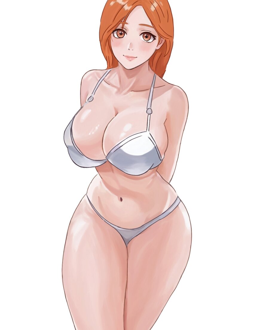 1girl ai-assisted alternate_eye_color arms_behind_back bare_shoulders bleach blush breasts collarbone female_focus heyy_vivii highres inoue_orihime large_breasts legs_together lips looking_at_viewer orange_eyes orange_hair shiny_skin simple_background thighs white_background