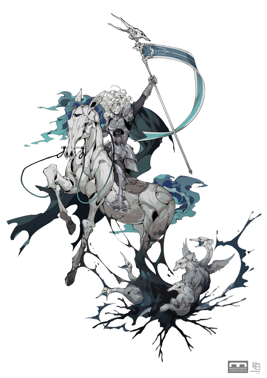 1boy absurdres angry animal animal_focus ankle_boots arm_up armor armpit_cutout bird black_blood blood blue_eyes blue_fire boots clenched_teeth clothing_cutout colored_skin constricted_pupils creature cutout_above_navel fiery_hair fighting fire flag full_body gauntlets grey_footwear grey_hair hair_between_eyes half-closed_eyes highres holding holding_polearm holding_weapon horse horseback_riding liangjing long_hair long_sleeves looking_to_the_side messy_hair original pauldrons polearm rearing riding sanpaku shoulder_armor skeleton_horse teeth turtleneck v-shaped_eyebrows weapon white_background white_skin wind