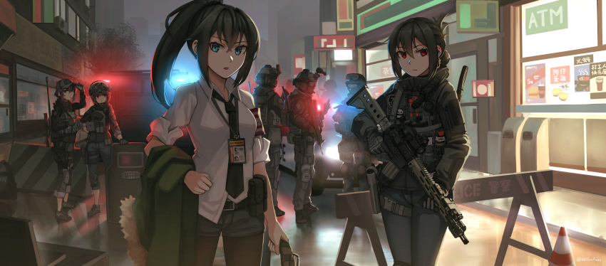 3boys 4girls absurdres armband assault_rifle ballistic_shield barricade baseball_cap black_gloves black_hair black_jacket black_necktie black_shorts blaser_r93 blue_eyes bolt-action_rifle bolt_action brown_pantyhose building bullpup car closed_mouth collared_shirt commentary_request dress_shirt emily_ko folded_ponytail fur-trimmed_jacket fur_trim gloves green_jacket grey_headwear grey_pants gun hair_between_eyes hat helmet highres holding holding_gun holding_weapon jacket lisa_yip long_hair long_sleeves lr-300 motor_vehicle multiple_boys multiple_girls ndtwofives necktie night original outdoors pants pantyhose pantyhose_under_shorts parted_lips police police_car police_uniform policeman policewoman ponytail qbz-95 red_eyes revision rifle s.w.a.t. scope shield shirt short_shorts short_sleeves shorts sniper_rifle standing straight-pull_rifle straight_pull suzuya_tang traffic_cone trigger_discipline unworn_jacket vivian_zhao weapon white_shirt window