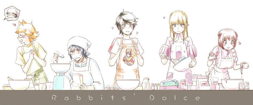 10s 2girls 3boys asagi_toshikazu bad_id bad_pixiv_id black_hair blue_hair blush breasts brown_eyes brown_hair cooking flour glasses hitachi_izuru irie_tamaki kugimiya_kei large_breasts long_hair majestic_prince multiple_boys multiple_girls oseo purple_eyes red_eyes short_hair suruga_ataru
