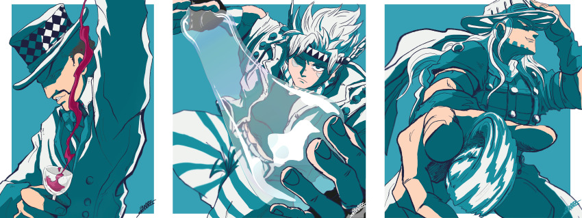 3boys absurdres alcohol battle_tendency beard caesar_anthonio_zeppeli cape commentary_request cup drinking_glass facial_hair facial_mark family feather_hair_ornament feathers fingerless_gloves gloves gyro_zeppeli hair_ornament hat headband highres hydrokinesis incredibly_absurdres jacket jojo_no_kimyou_na_bouken limited_palette long_hair long_sleeves male_focus multiple_boys multiple_monochrome pants phantom_blood sakanagi_(a_r_co) short_hair short_sleeves spinning steel_ball_run striped_clothes striped_pants top_hat triangle_print water will_anthonio_zeppeli wine wine_glass