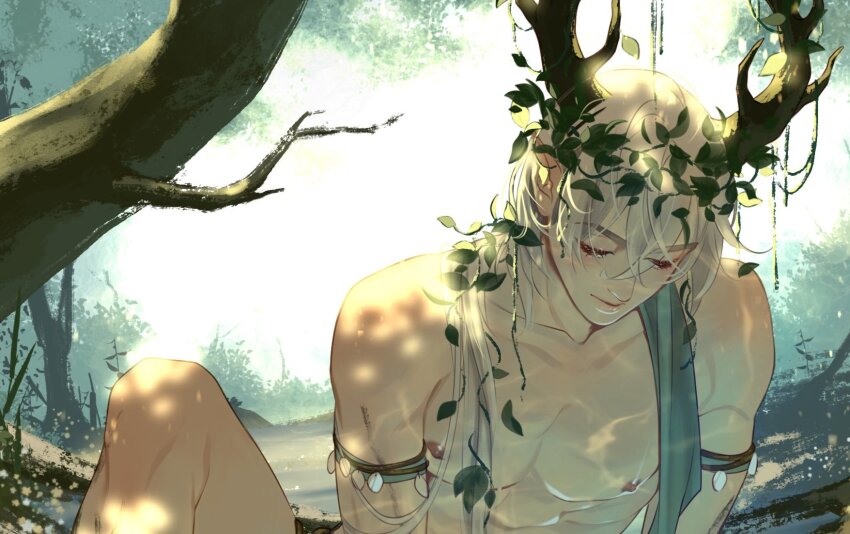 1boy a_date_with_death alternate_costume alternate_universe antlers armlet backlighting branch casper_(a_date_with_death) caustics closed_eyes crossed_bangs dappled_sunlight day double-parted_bangs hair_between_eyes hair_over_shoulder highres horns jellyfish_cut jewelry knee_up leaf leaf_on_head male_focus nipples no_shirt official_art outdoors pectorals promotional_art smile solo sunlight tree white_hair wreath