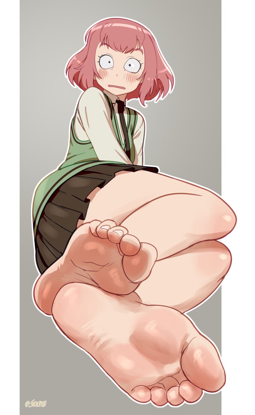 1girl absurdres artist_name barefoot black_necktie blush brown_skirt cardfight!!_vanguard collared_shirt convenient_leg embarrassed feet foot_focus foreshortening full_body green_vest grey_background haneyama_urara highres legs legs_together looking_at_viewer lying medium_hair miniskirt necktie on_side open_mouth outline pink_hair shadow shirt sidelocks skirt soles solo staerk toe_scrunch toenails toes twitter_username vest white_outline white_shirt wide-eyed