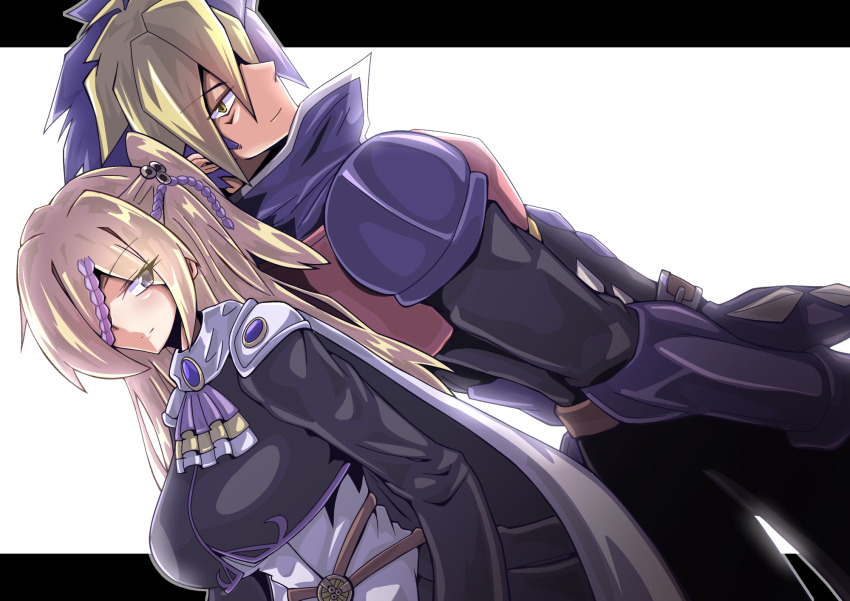1boy 1girl aegislash armor ascot back-to-back belt blonde_hair breasts garchomp gen_4_pokemon gen_6_pokemon hair_ornament hair_over_one_eye highres long_bangs medium_breasts nintendo personification pokemon purple_hair standing white_background yellow_eyes yokomiya4538