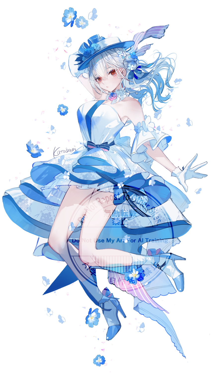 1girl absurdres arm_up armpits artist_name asymmetrical_hair bare_shoulders bell_sleeves blue_bow blue_dress blue_flower boater_hat bow braid breasts bright_background cleavage collar commentary_request detached_collar detached_sleeves dress floating floating_flowers flower flower_collar frilled_collar frills full_body glove_bow gloves gown hair_between_eyes hair_bun hakase_fuyuki hakase_fuyuki_(9th_costume) hat hat_flower high-low_dress high-low_skirt high_heels highres katabami_happa layered_skirt medium_breasts nijisanji official_alternate_costume official_alternate_hairstyle red_eyes short_sleeves side_up_bun simple_background single_side_bun skirt sleeveless sleeveless_dress smile socks solo strapless strapless_dress two-tone_dress virtual_youtuber waist_bow watermark white_background white_dress white_gloves white_hair white_socks