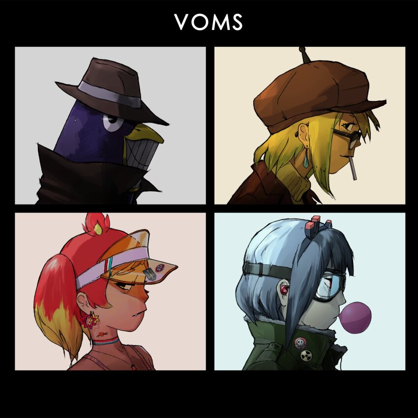 1boy 3girls album_cover_redraw amano_pikamee bird black_hairband blonde_hair blowing_bubbles brown_headwear chewing_gum cigarette closed_mouth commentary_request demon_days_(gorillaz) derivative_work earbuds earphones earrings fedora glasses goggles gorillaz grin gyari_(bird) hairband hat heart heart_tattoo highres hikasa_tomoshika jewelry jitomi_monoe looking_at_viewer looking_to_the_side magnet medium_hair multicolored_hair multiple_girls open_mouth otobeya penguin profile radiation_symbol red_eyes red_hair short_hair smile tattoo twintails two-tone_hair upper_body virtual_youtuber visor_cap voms