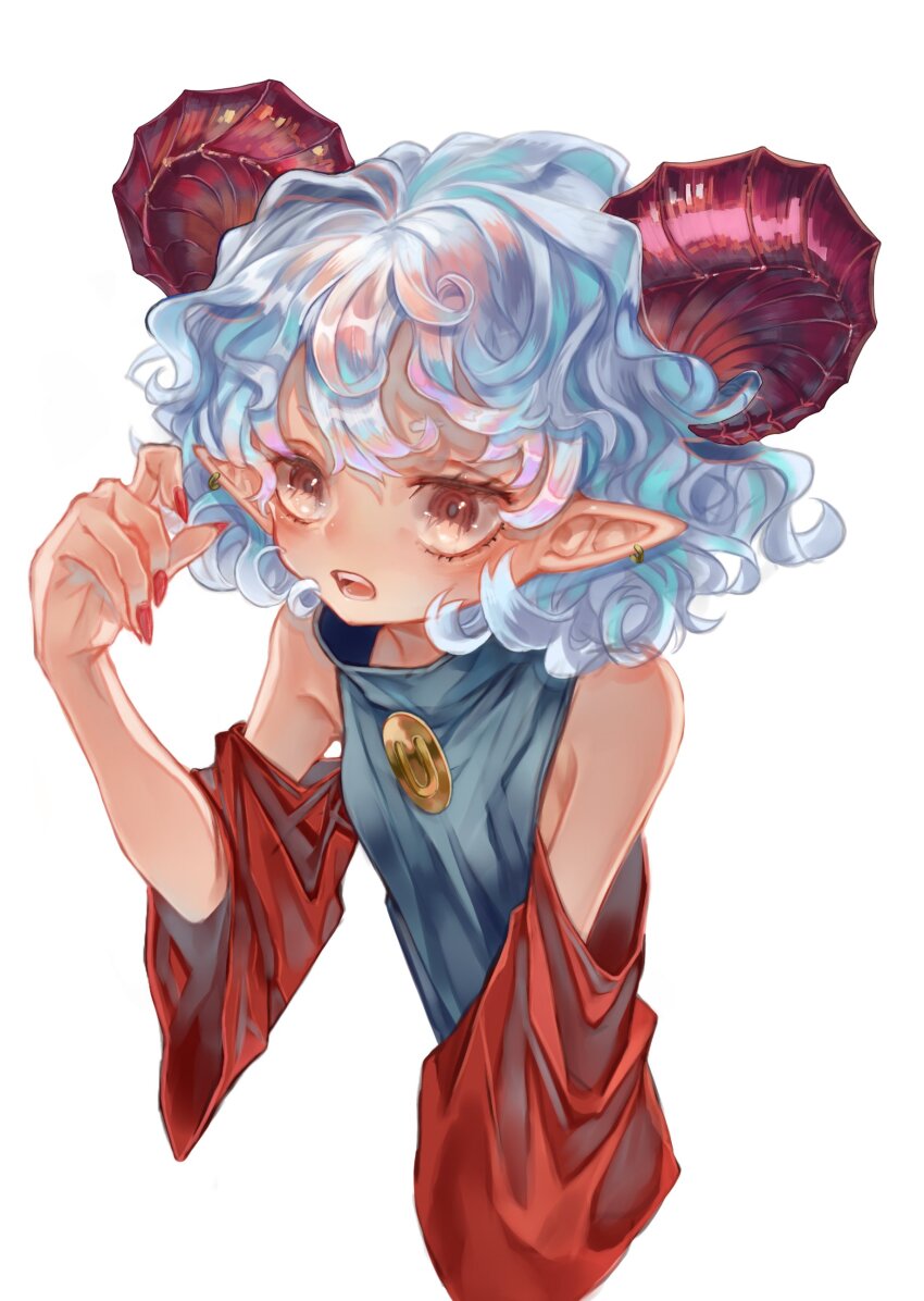 1girl absurdres blue_dress breasts commentary_request cropped_torso curly_hair detached_sleeves dress earrings fingernails highres horns jewelry looking_at_viewer open_mouth pointy_ears red_eyes red_horns red_nails red_sleeves sheep_horns short_hair sideboob simple_background small_breasts solo syukou touhou toutetsu_yuuma upper_body white_background white_hair