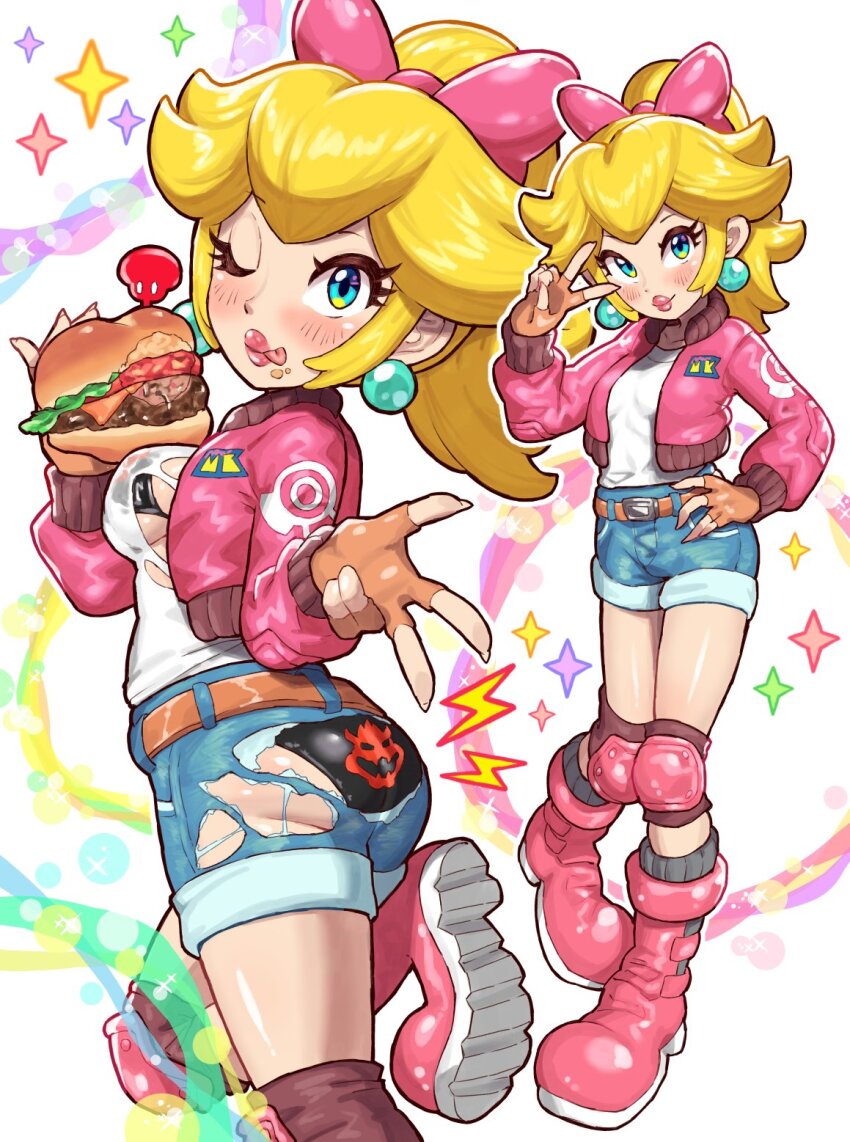 1girl ass belt black_panties blonde_hair blue_eyes boots bow bowser_logo breasts burger denim denim_shorts earrings fingerless_gloves food food_bite gloves hair_bow highres holding holding_burger holding_food jacket jewelry knee_pads long_hair mario_(series) mario_kart mario_kart_world multiple_views nintendo one_eye_closed open_clothes open_jacket panties pink_boots pink_bow pink_jacket ponytail princess_peach princess_peach_(touring) shirt short_shorts shorts sphere_earrings toggy_keiichi torn_clothes torn_shirt torn_shorts underwear v
